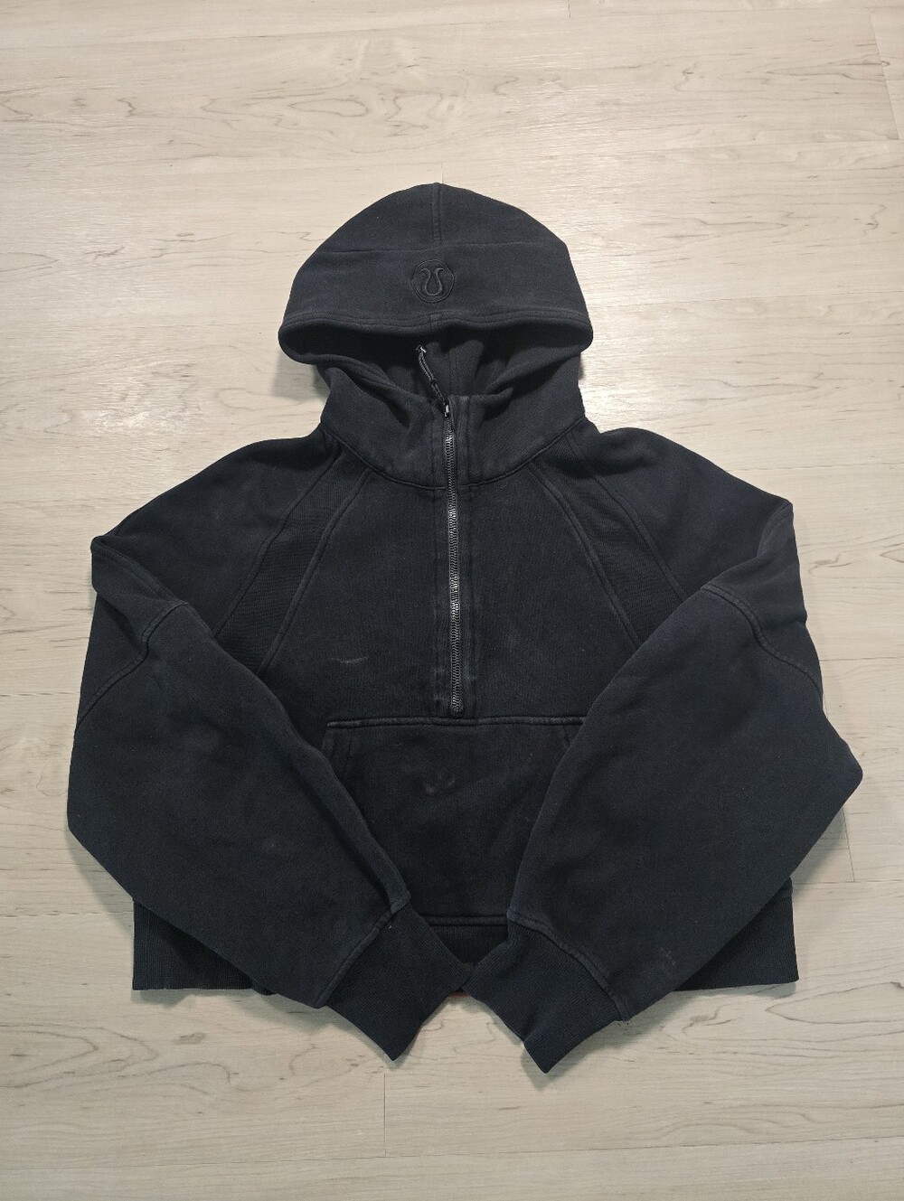 Lululemon Black Half Zip Pullover Hoodie L Kangaroo Pocket Logo Distressed Flaw